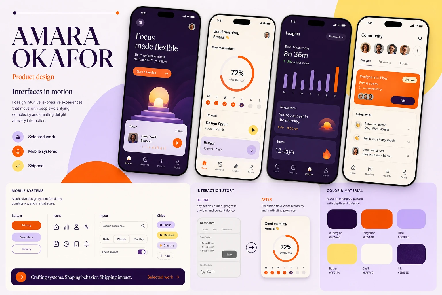 A colorful work record for product designer Amara Okafor, featuring mobile app interfaces, a component system, and an interaction story