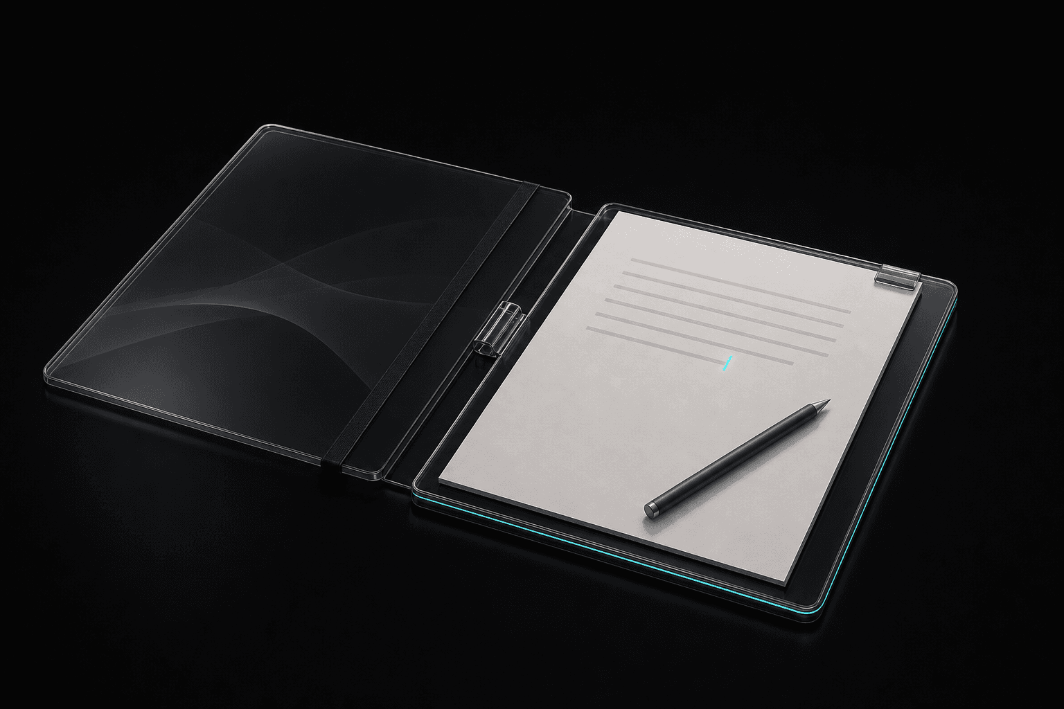 An editable paper draft held inside an open black-glass document folio